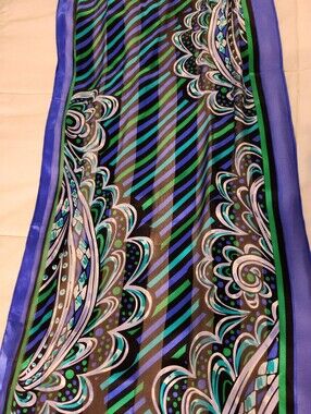Bob Mackie Wearable Art 100% Silk Scarf 62 x 13 Inches Blue Green Paisley Print